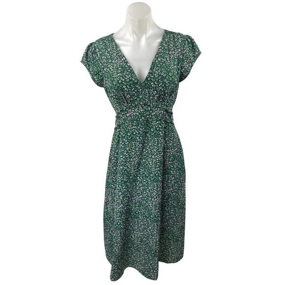 NEW Commense Green Floral V-neck Short Puff Sleeve Tie Belt Midi A-Line Dress M - Picture 1 of 4